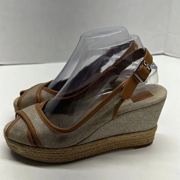 Tory Burch Mya Espadrille Wedge Heels Pump Peep Toe Slingback Brown Sparkle 7 - Picture 2 of 12